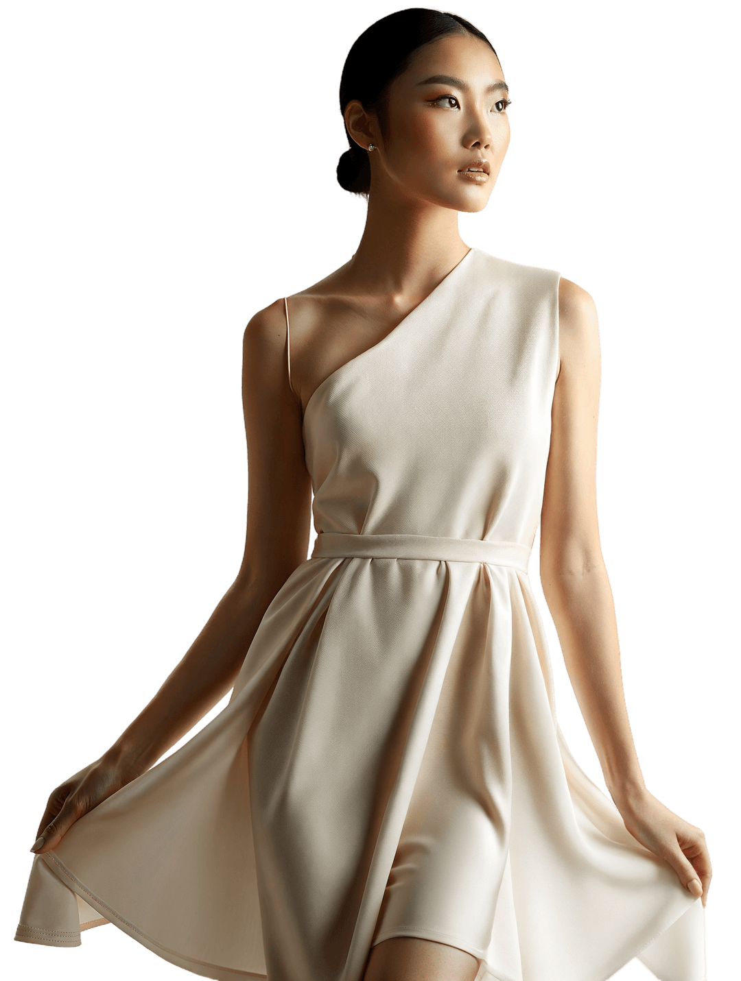 Model wearing pastel striped top